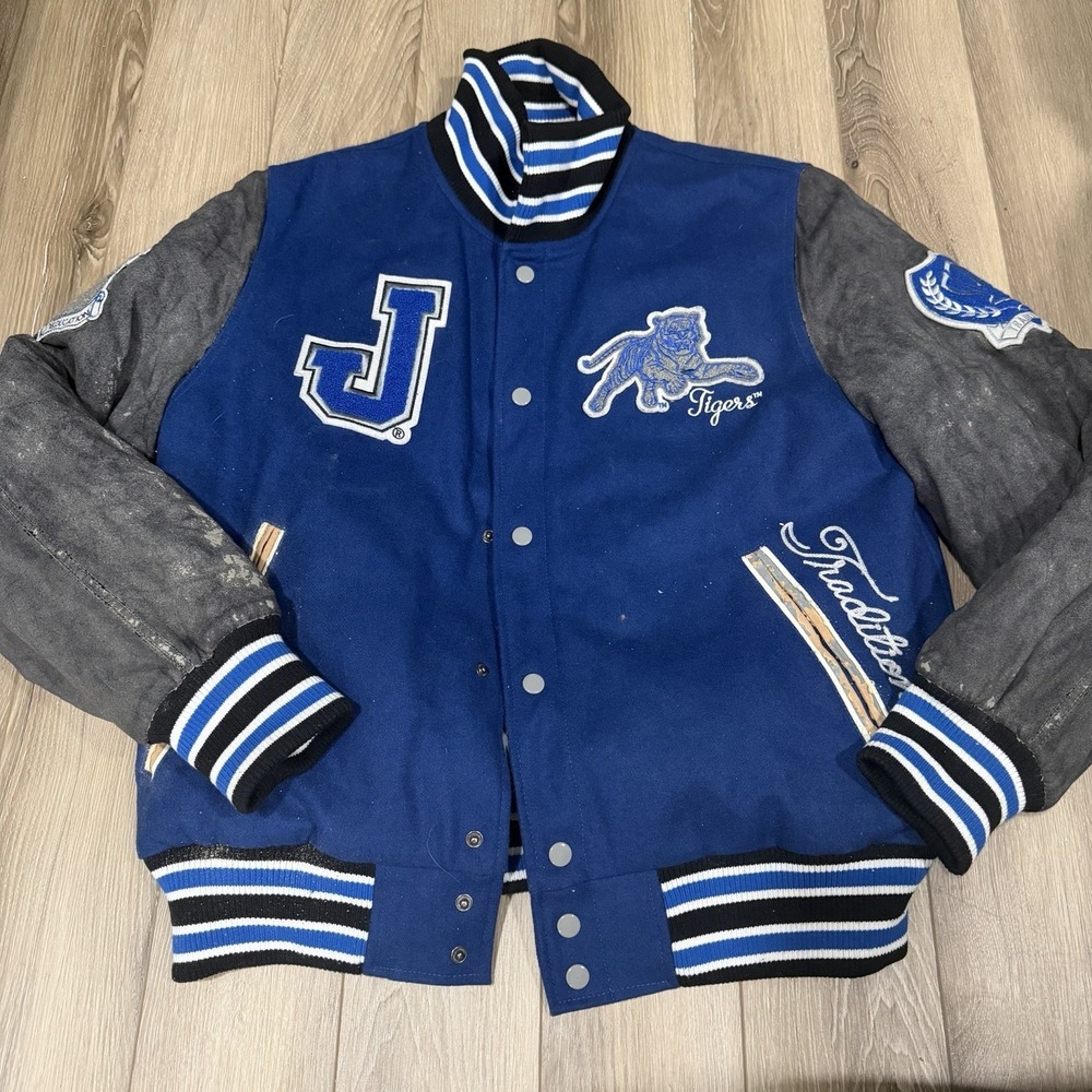 Vintage Jackson State Bomber Jacket Mens XL Blue Embroidered Y2K